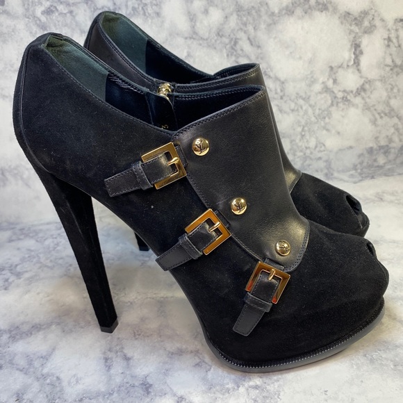 Louis Vuitton Leather & Suede Peep Toe Heeled Booties 38.5 - Picture 5 of 12